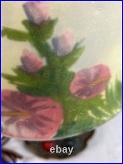 ALADDIN BOUDOIR LAMP with Hammered Arts & Crafts Base & REVERSE PAINTED LILIES