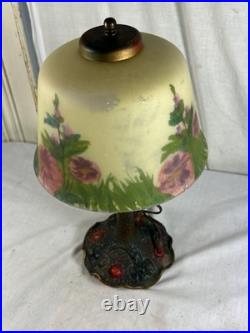 ALADDIN BOUDOIR LAMP with Hammered Arts & Crafts Base & REVERSE PAINTED LILIES