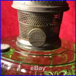 ALADDIN CATHEDRAL GREEN VASELINE GLASS KEROSENE LAMP & CHIMNEY, MODEL B BURNER