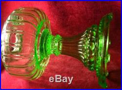 ALADDIN CATHEDRAL GREEN VASELINE GLASS KEROSENE LAMP & CHIMNEY, MODEL B BURNER