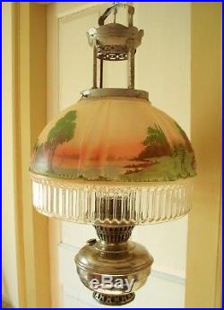 ALADDIN HANGING LAMP No 12 With BEAUTIFUL PAINTED SHADE -OLD MILL WATERWHEEL TREES