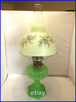 ALADDIN JADITE GREEN MOONSTONE CATHEDRAL OIL LAMP With FROSTED FINSH FLORAL SHADE ALADDIN JADITE GREEN MOONSTONE CATHEDRAL OIL LAMP With FROSTED FINSH FLORAL SHADE
