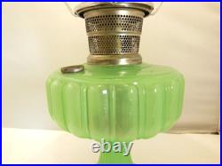 ALADDIN JADITE GREEN MOONSTONE CATHEDRAL OIL LAMP With FROSTED FINSH FLORAL SHADE