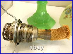 ALADDIN JADITE GREEN MOONSTONE CATHEDRAL OIL LAMP With FROSTED FINSH FLORAL SHADE ALADDIN JADITE GREEN MOONSTONE CATHEDRAL OIL LAMP With FROSTED FINSH FLORAL SHADE