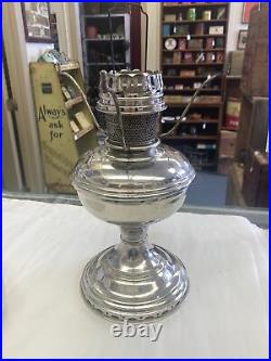 ALADDIN MODEL 11 NICKLE OIL LAMP With STAMPED CHIMNEY & SATIN GLASS SHADE