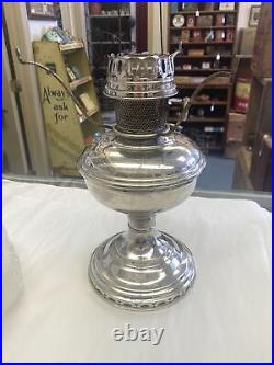 ALADDIN MODEL 11 NICKLE OIL LAMP With STAMPED CHIMNEY & SATIN GLASS SHADE