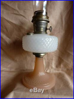 ALADDIN Mantle Lamp DIAMOND QUILT -Moonstone WHITE Bowl, ROSE Base- + CHIMNEY