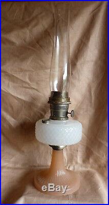 ALADDIN Mantle Lamp DIAMOND QUILT -Moonstone WHITE Bowl, ROSE Base- + CHIMNEY