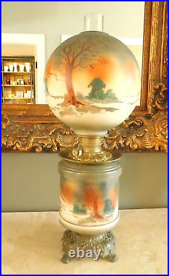 ANTIQUE 1890's GONE WITH THE WIND KEROSENE OIL LAMP / WINTER CABIN SCENE 28 H
