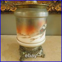 ANTIQUE 1890's GONE WITH THE WIND KEROSENE OIL LAMP / WINTER CABIN SCENE 28 H