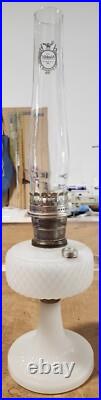 ANTIQUE 1937 ALADDIN DIAMOND QUILT MOONSTONE B-85 OIL LAMP With BURNER & CHIMNEY