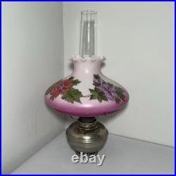 ANTIQUE ALADDIN MODEL 9 NICKEL PLATED BRASS OIL LAMP w PAINTED FLORAL PINK SHADE