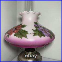 ANTIQUE ALADDIN MODEL 9 NICKEL PLATED BRASS OIL LAMP w PAINTED FLORAL PINK SHADE