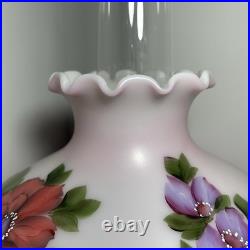 ANTIQUE ALADDIN MODEL 9 NICKEL PLATED BRASS OIL LAMP w PAINTED FLORAL PINK SHADE