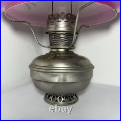 ANTIQUE ALADDIN MODEL 9 NICKEL PLATED BRASS OIL LAMP w PAINTED FLORAL PINK SHADE