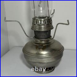 ANTIQUE ALADDIN MODEL 9 NICKEL PLATED BRASS OIL LAMP w PAINTED FLORAL PINK SHADE