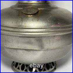 ANTIQUE ALADDIN MODEL 9 NICKEL PLATED BRASS OIL LAMP w PAINTED FLORAL PINK SHADE