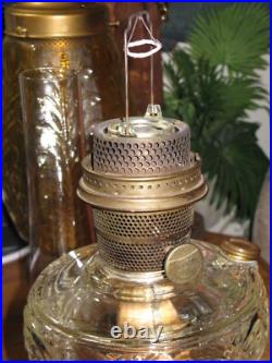 ANTIQUE ALADDIN WASHINGTON DRAPE PATTERN GLASS OIL LAMP w BURNER CHIMNEY ADAPTER