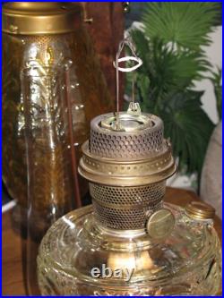 ANTIQUE ALADDIN WASHINGTON DRAPE PATTERN GLASS OIL LAMP w BURNER CHIMNEY ADAPTER