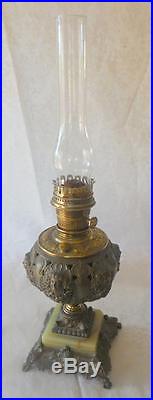 ANTIQUE Oil Table Lamp Brass Marble Aladdin Ornate with Faces 27 W chimney