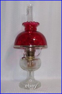 Aladdin 1937 Clear BEEHIVE Oil Kerosene Lamp with Cranberry Dot Optic Shade