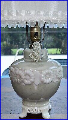 Aladdin Alacite Glass Lamp White Milk Glass Opalescent Silk Shade & Finial VTG