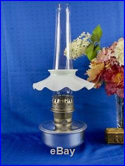 Aladdin Aluminum Font Oil Shelf Lamp Model 23 Burner White Skirt Shade & Chimney