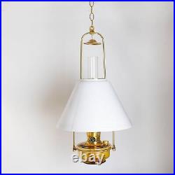 Aladdin Amber Regency Brass Hanging Oil Lamp with Opal Shade and Brass Trim