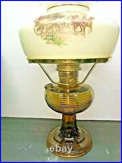 Aladdin BEEHIVE Lamp Honey Amber Glass HORSE DRAWN Shade WithCHIMNEY & BURNER
