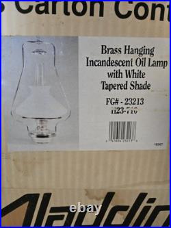 Aladdin Brass Hanging Incandescent Oil Lamp with White Tapered Shade New in Box