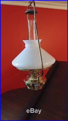 Aladdin Brass Hanging Lamp, White (Opal) Slant Glass Shade