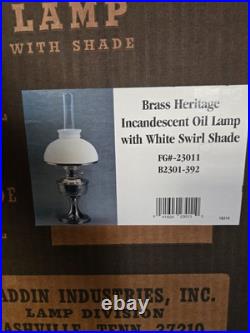 Aladdin Brass Heritage Incandescent Oil Lamp with White Swirl Shade New in Box