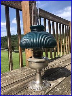 Aladdin Brass Lamp, Model B Burner New Wick, Lox-On Chimney Green shade England