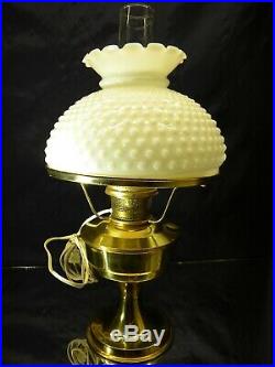 Aladdin Brass Oil Lamp Electric Burner/Chimney and 10 White Hobnail Shade