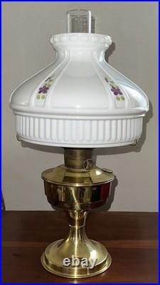 Aladdin Brass Table Lamp with Hand Painted Milk Glass Shade