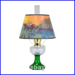 Aladdin Clear Over Emerald Lincoln Drape Oil Lamp, Ride Into Sunset Shade, Brass