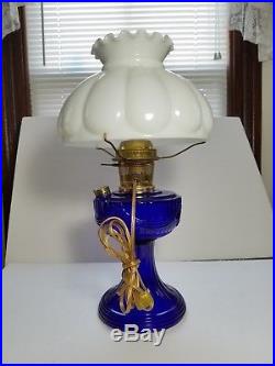 Aladdin Cobalt Blue Lincoln Drape Model 23 Glass Electric Lamp 1987 With Shade