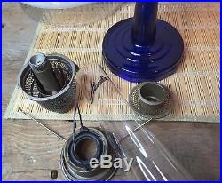 Aladdin Cobalt Blue Tall Lincoln Drape Oil Lamp Model B Ribbed Shade Chimney