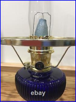 Aladdin Cobalt Blue Vertique Pattern Oil Kerosene Lamp Green Cased Shade