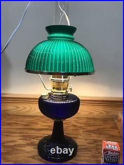 Aladdin Cobalt Blue Vertique Pattern Oil Kerosene Lamp Green Cased Shade