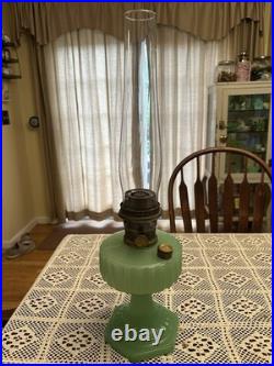 Aladdin Corinthian Apple Green Jadeite Oil Lamp Signed Locking Chimney