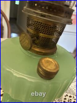 Aladdin Corinthian Apple Green Jadeite Oil Lamp Signed Locking Chimney