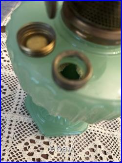 Aladdin Corinthian Apple Green Jadeite Oil Lamp Signed Locking Chimney