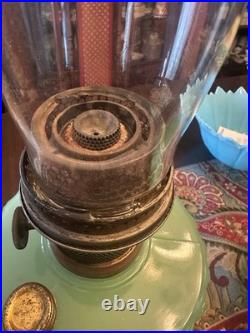 Aladdin Corinthian Apple Green Jadeite Oil Lamp Signed Locking Chimney