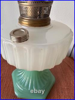 Aladdin Corinthian Jadeite White Milk Glass Kerosene Oil Lamp with Chimney 23 Aladdin Corinthian Jadeite White Milk Glass Kerosene Oil Lamp with Chimney 23