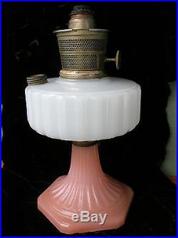 Aladdin Corinthian Kerosene Oil Lamp Vintage Moonstone Pink 30s depression Glass