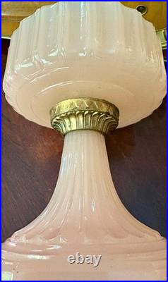 Aladdin Corinthian Model B-112 Rose Moonstone Art Glass Oil Lamp with Chimney