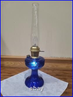 Aladdin Electrified Lamp Cobalt Blue Lincoln Drape Font Brass Electric Burner