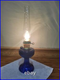 Aladdin Electrified Lamp Cobalt Blue Lincoln Drape Font Brass Electric Burner