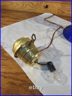 Aladdin Electrified Lamp Cobalt Blue Lincoln Drape Font Brass Electric Burner